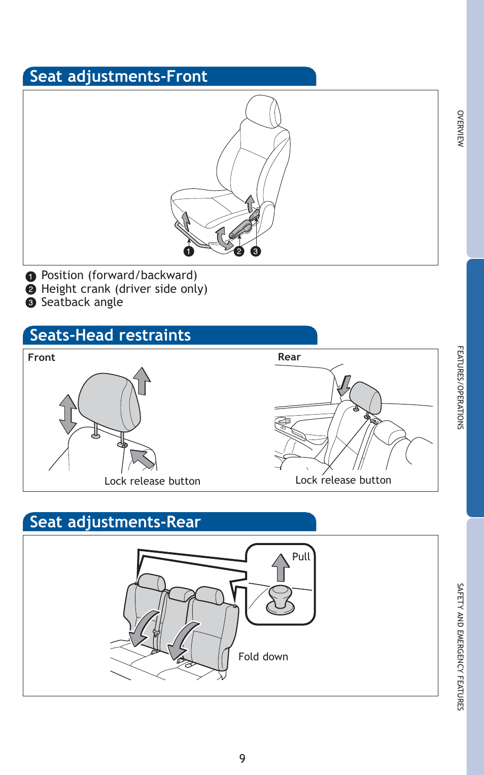 Seat adjustments-rear seat adjustments-front, Seats-head restraints | TOYOTA 2010 Matrix User Manual | Page 11 / 461