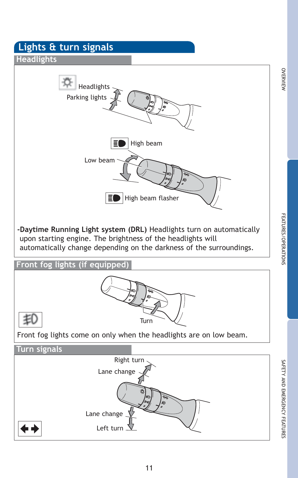 Lights & turn signals, Turn signals headlights, Front fog lights (if equipped) | TOYOTA 2010 Matrix User Manual | Page 13 / 461