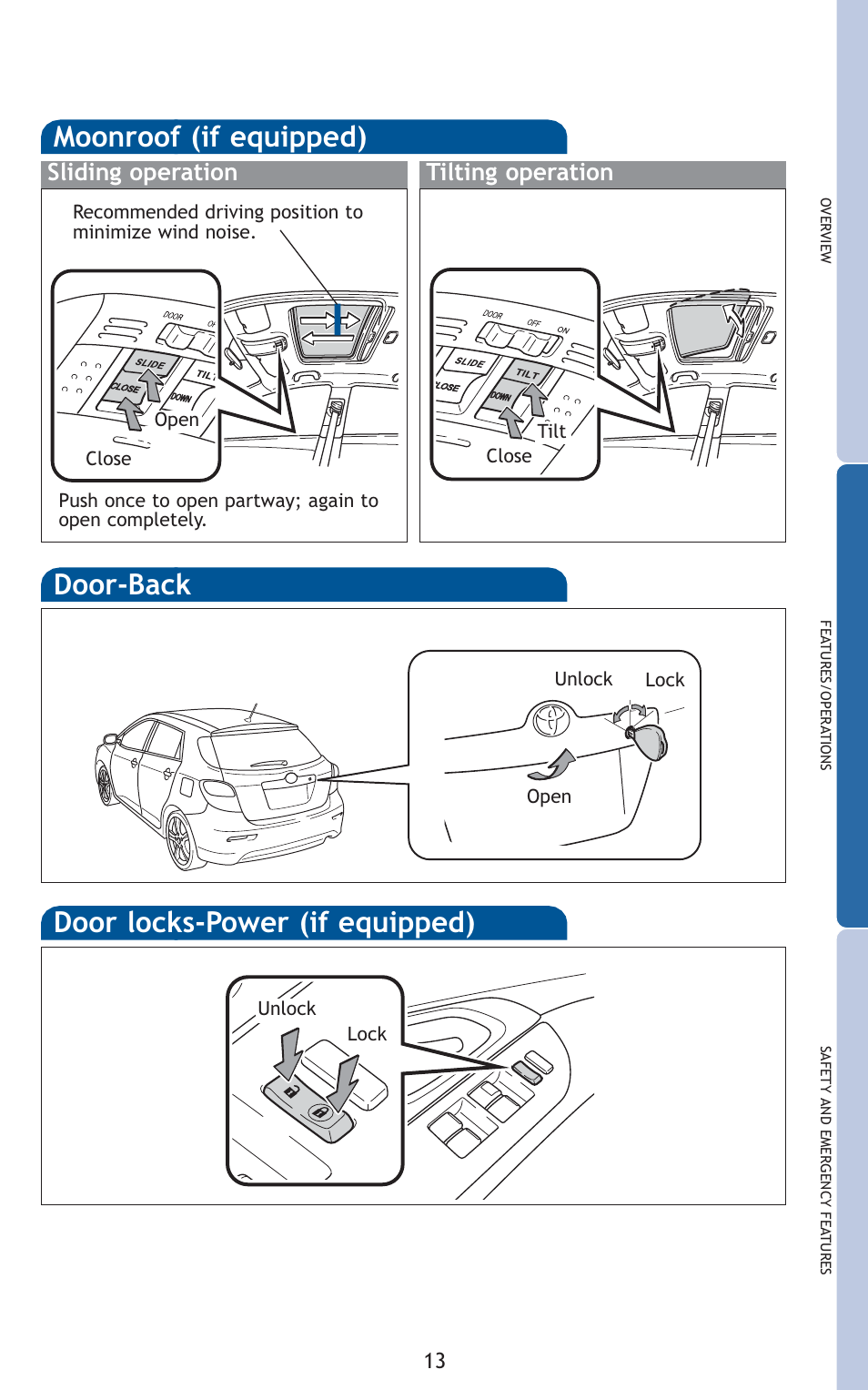 Door-back, Moonroof (if equipped), Door locks-power (if equipped) | Sliding operation tilting operation | TOYOTA 2010 Matrix User Manual | Page 15 / 461