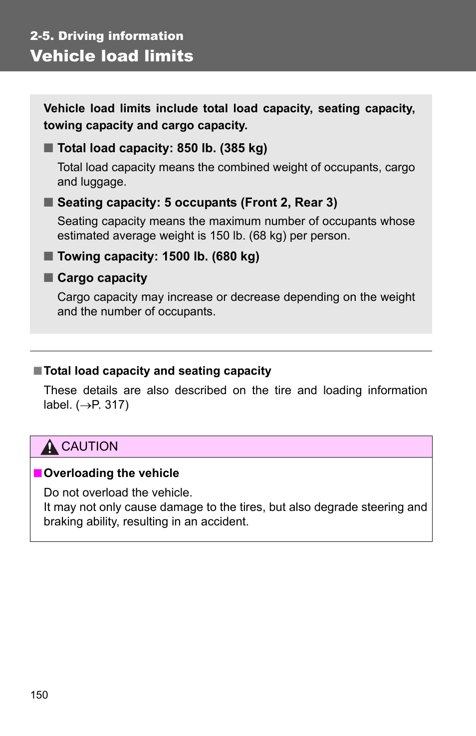 Vehicle load limits | TOYOTA 2010 Matrix User Manual | Page 171 / 461