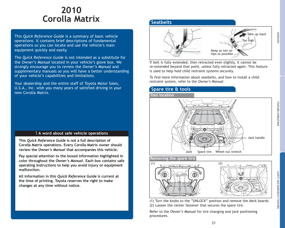 2010 corolla matrix, Seatbelts spare tire & tools | TOYOTA 2010 Matrix User Manual | Page 2 / 461