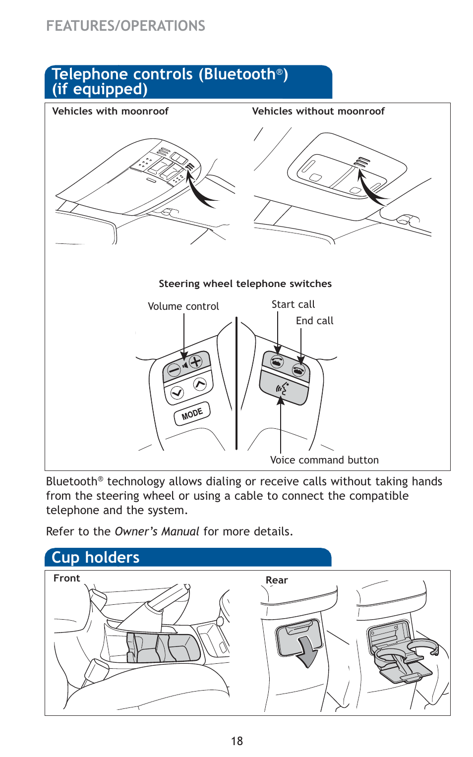 Telephone controls (bluetooth, If equipped), Cup holders | Features/operations | TOYOTA 2010 Matrix User Manual | Page 20 / 461