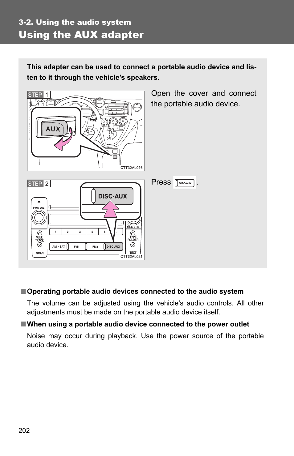 Using the aux adapter | TOYOTA 2010 Matrix User Manual | Page 221 / 461