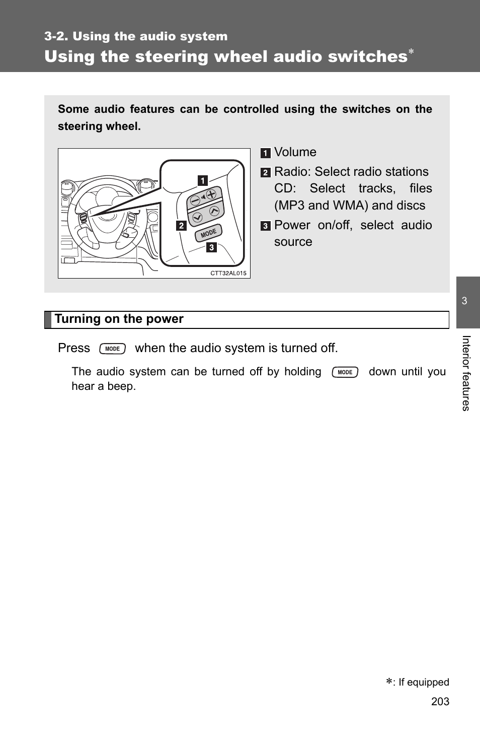 Using the steering wheel audio switches | TOYOTA 2010 Matrix User Manual | Page 222 / 461