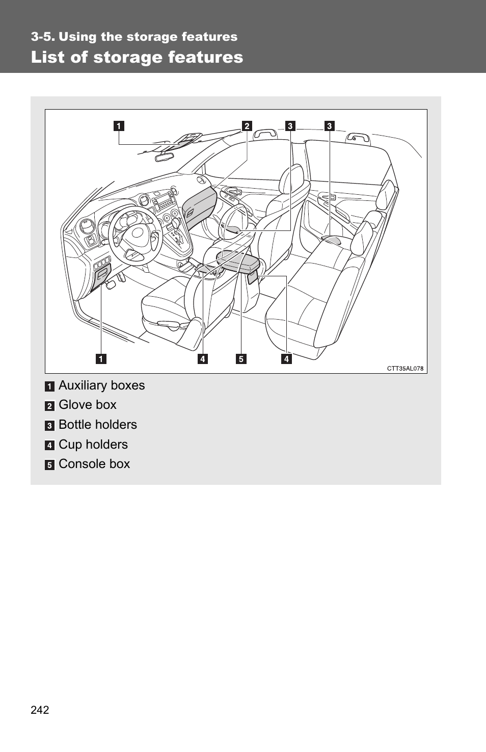 Sec_03_05, List of storage features | TOYOTA 2010 Matrix User Manual | Page 261 / 461