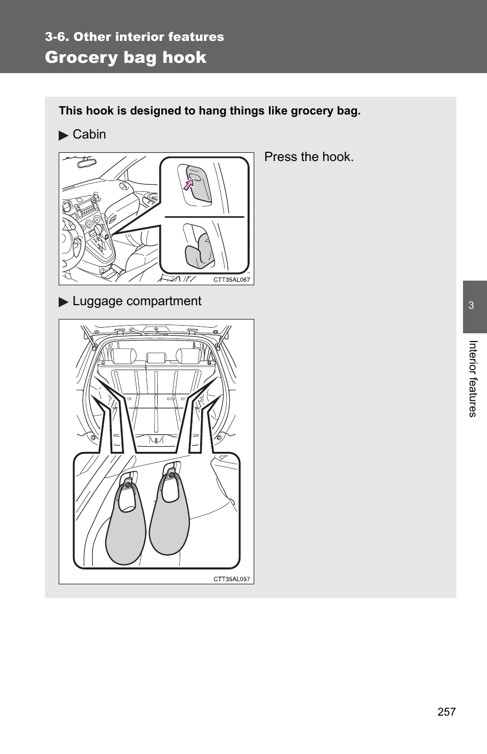 Grocery bag hook | TOYOTA 2010 Matrix User Manual | Page 276 / 461