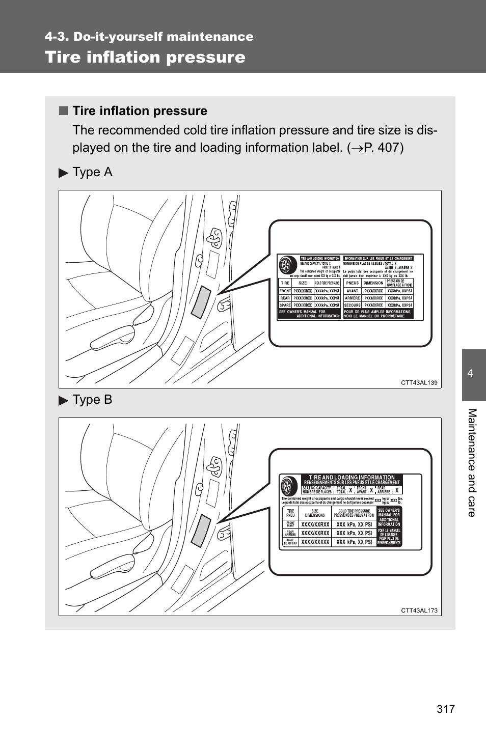 Tire inflation pressure | TOYOTA 2010 Matrix User Manual | Page 335 / 461