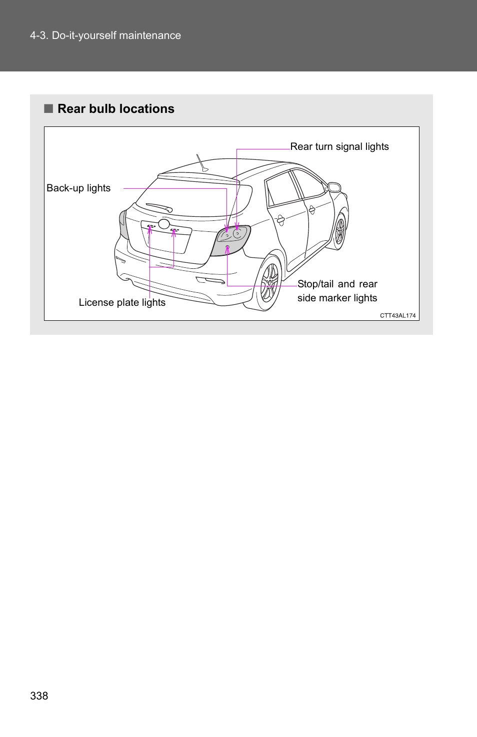 Rear bulb locations | TOYOTA 2010 Matrix User Manual | Page 356 / 461