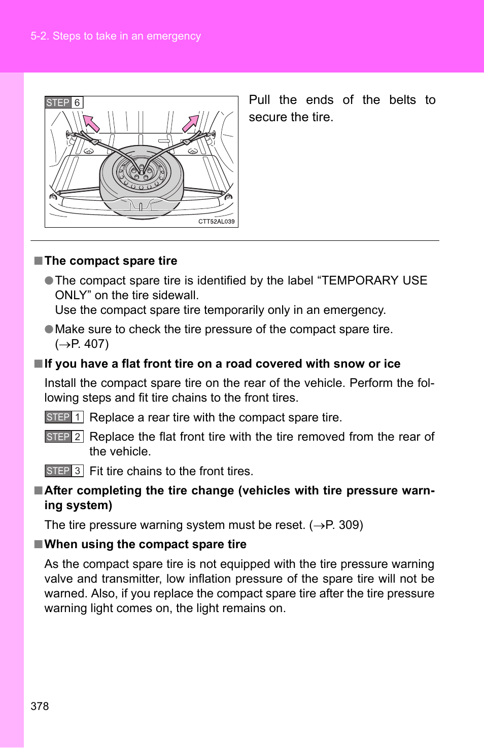 Pull the ends of the belts to secure the tire | TOYOTA 2010 Matrix User Manual | Page 395 / 461