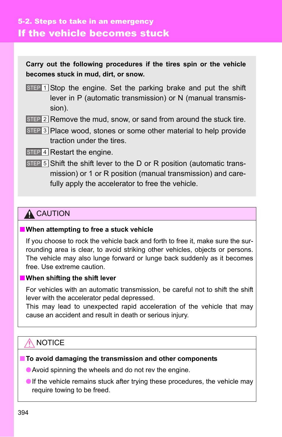 If the vehicle becomes stuck | TOYOTA 2010 Matrix User Manual | Page 411 / 461