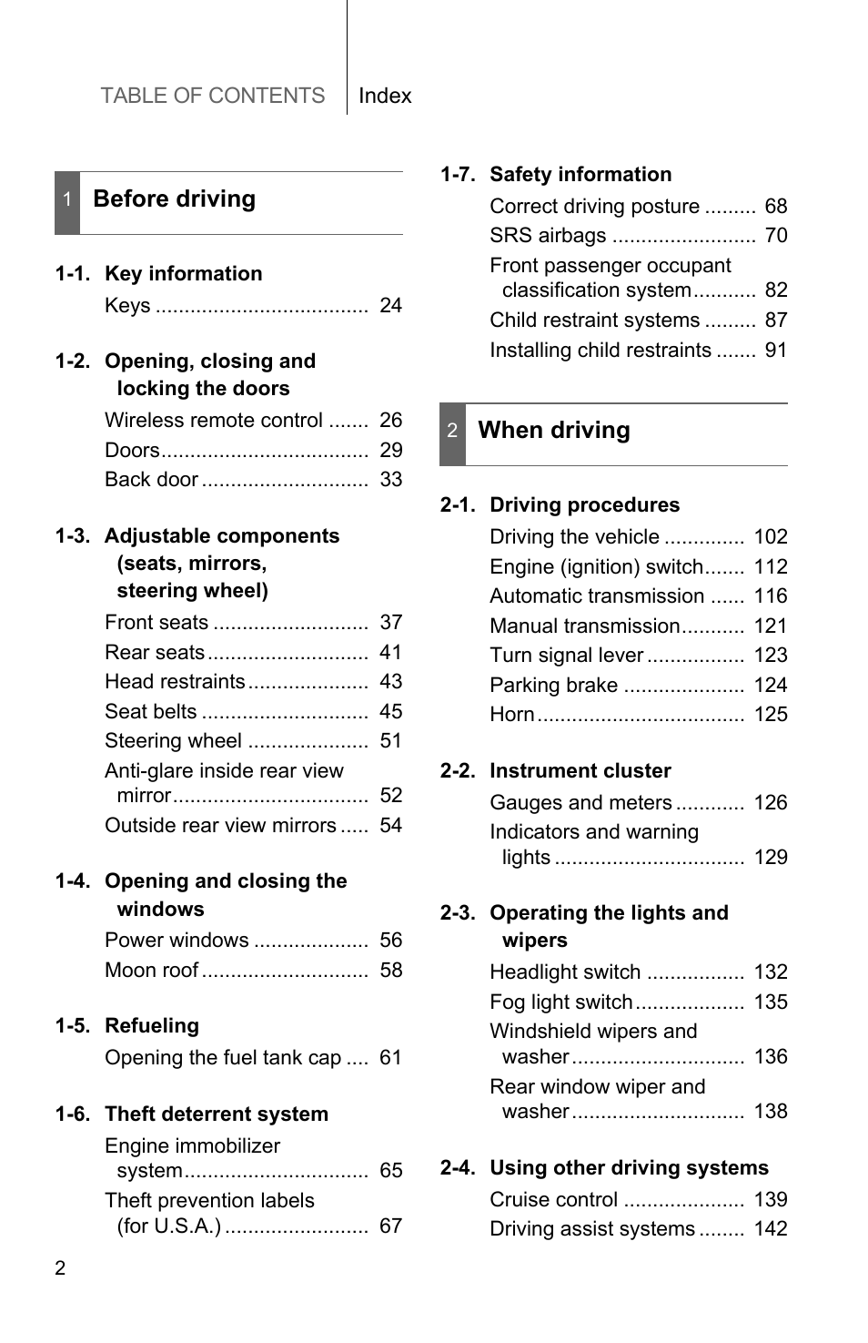 Table of contents index, Before driving, When driving | TOYOTA 2010 Matrix User Manual | Page 42 / 461