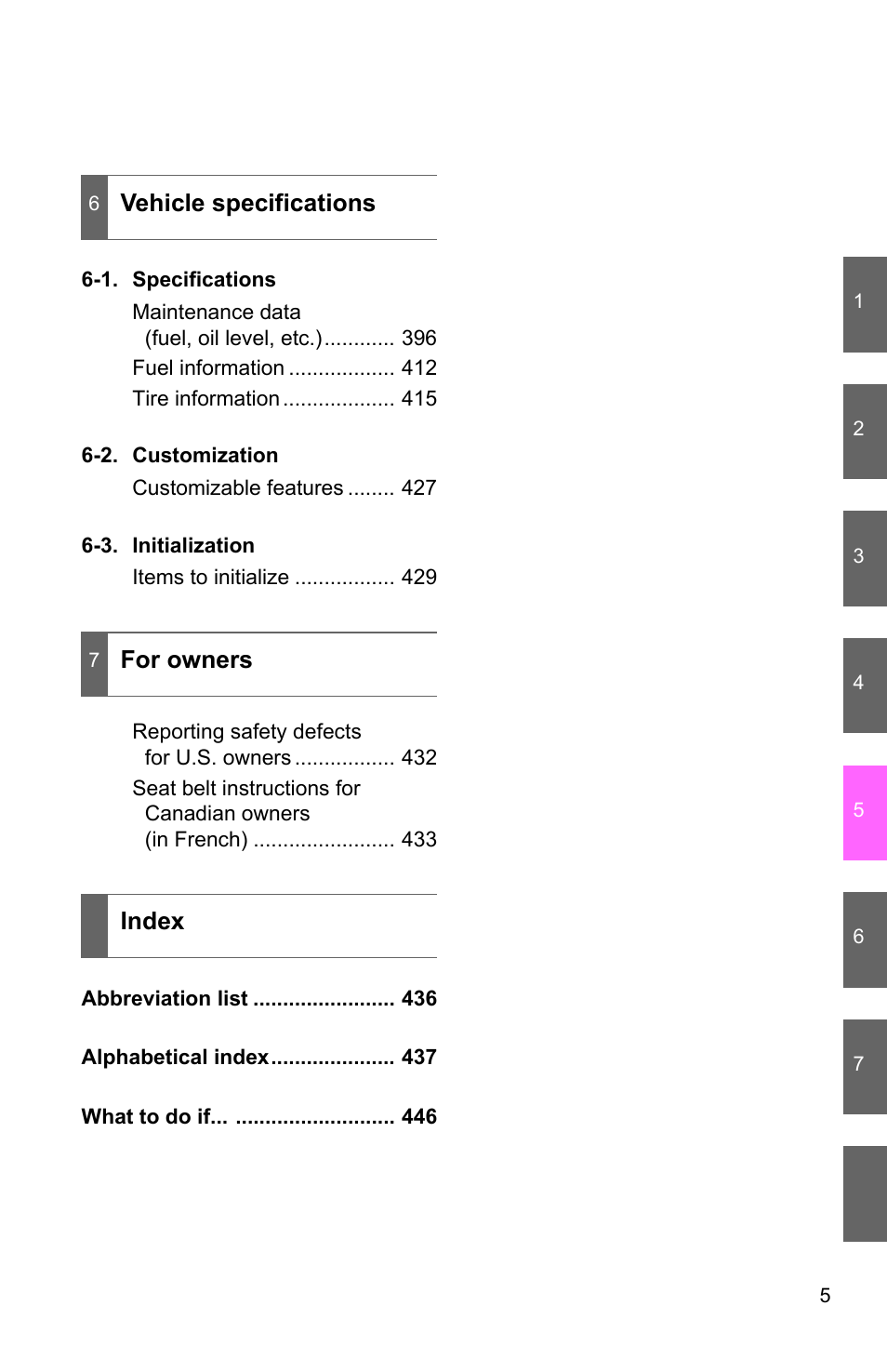 Vehicle specifications, For owners index | TOYOTA 2010 Matrix User Manual | Page 45 / 461