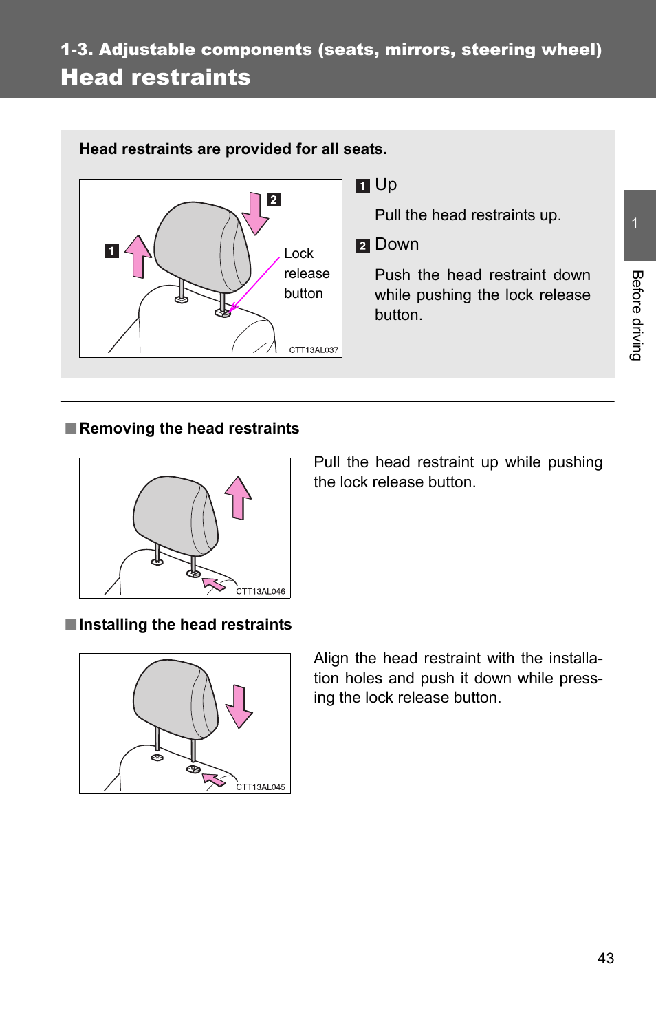 Head restraints | TOYOTA 2010 Matrix User Manual | Page 65 / 461