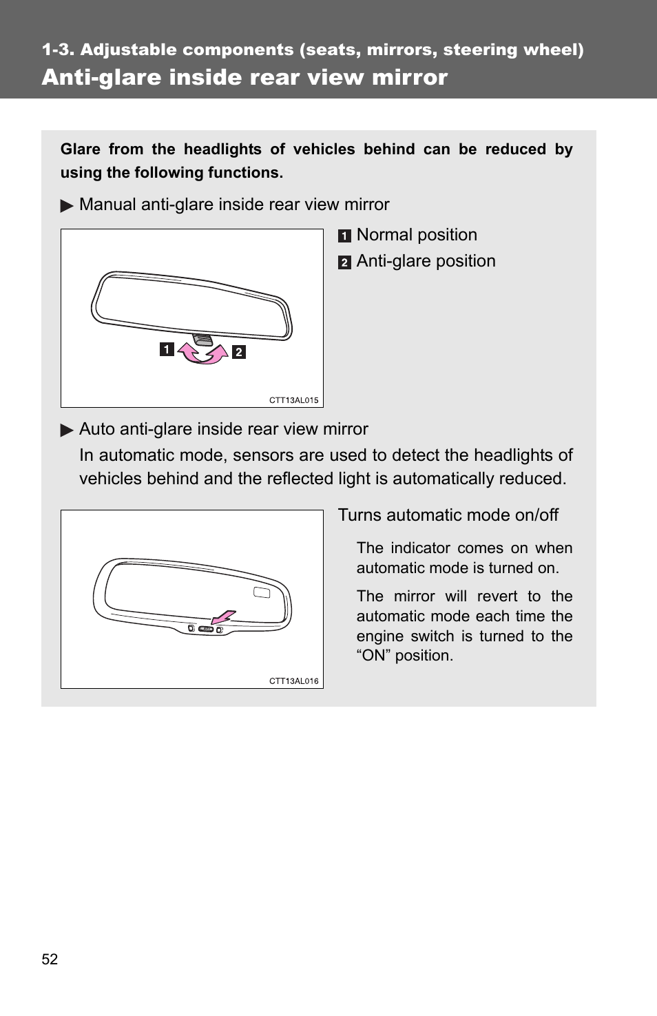 Anti-glare inside rear view mirror | TOYOTA 2010 Matrix User Manual | Page 74 / 461