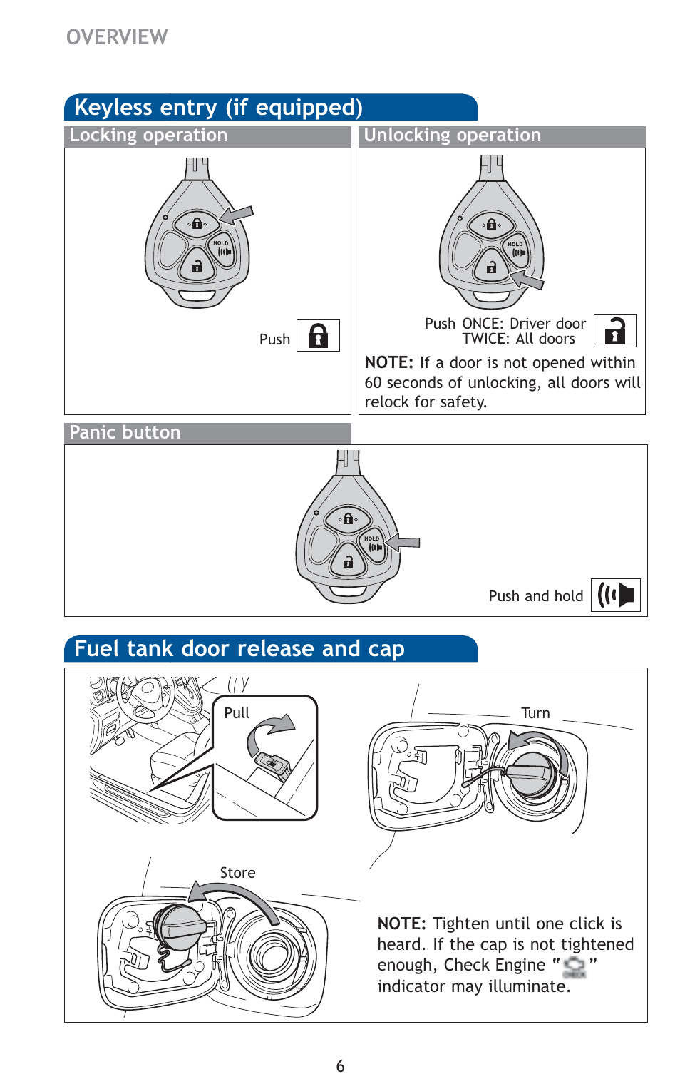 Keyless entry (if equipped), Fuel tank door release and cap, Overview | TOYOTA 2010 Matrix User Manual | Page 8 / 461