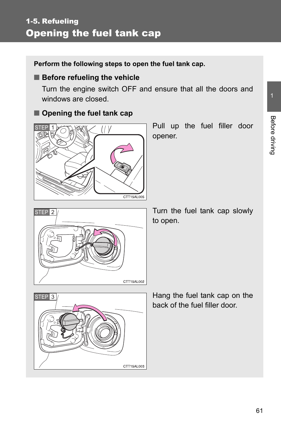 Sec_01-05, Opening the fuel tank cap | TOYOTA 2010 Matrix User Manual | Page 83 / 461