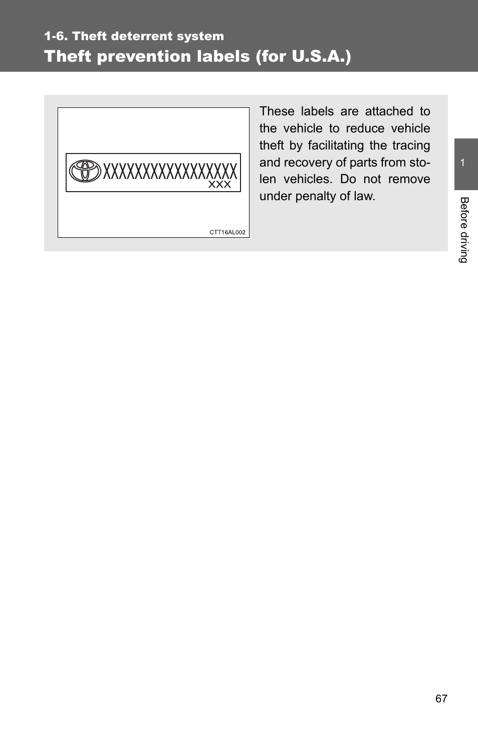 Theft prevention labels (for u.s.a.) | TOYOTA 2010 Matrix User Manual | Page 89 / 461