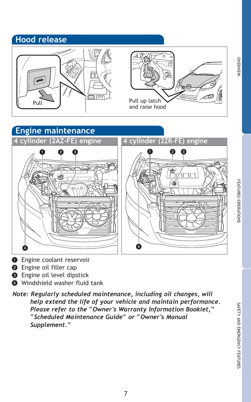 Hood release, Engine maintenance | TOYOTA 2010 Matrix User Manual | Page 9 / 461