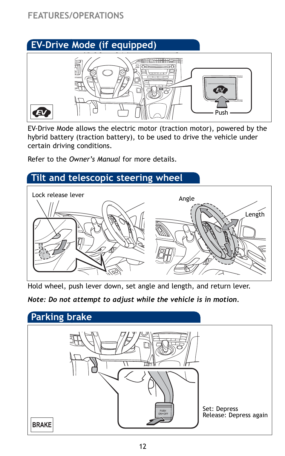Parking brake, Features/operations | TOYOTA 2010 Prius User Manual | Page 14 / 635
