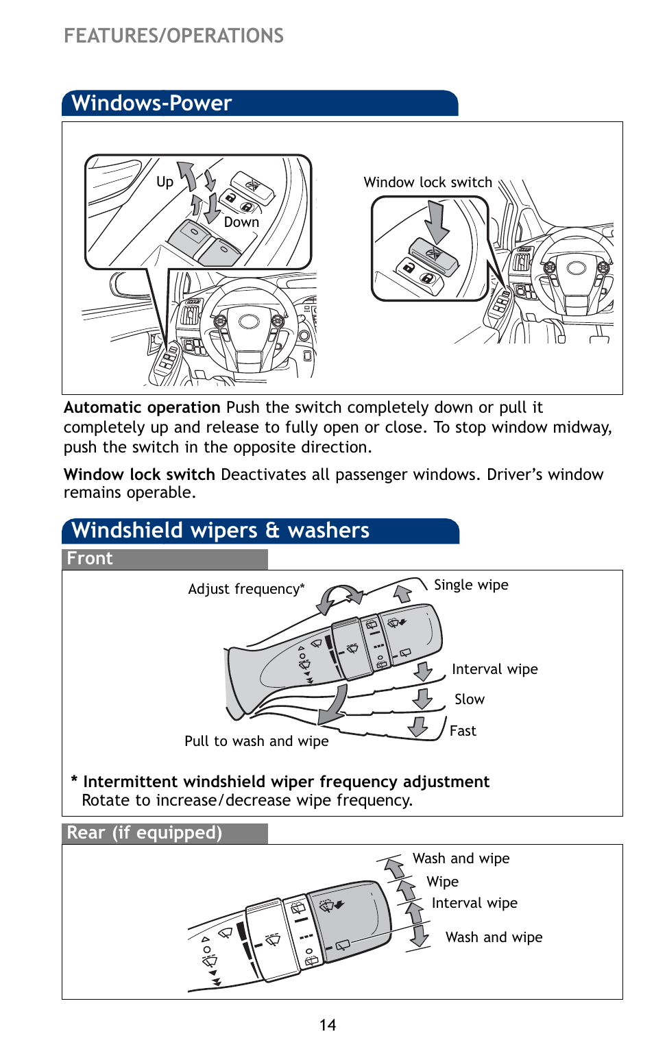 Windshield wipers & washers, Windows-power, Features/operations | TOYOTA 2010 Prius User Manual | Page 16 / 635