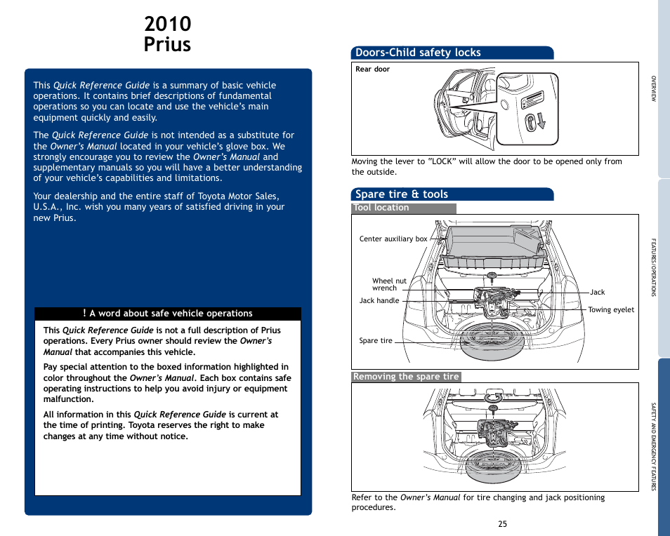 2010 prius, Spare tire & tools, Doors-child safety locks | Tool location removing the spare tire | TOYOTA 2010 Prius User Manual | Page 2 / 635
