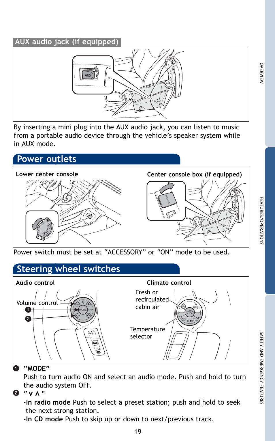 Power outlets, Steering wheel switches, Aux audio jack (if equipped) | TOYOTA 2010 Prius User Manual | Page 21 / 635