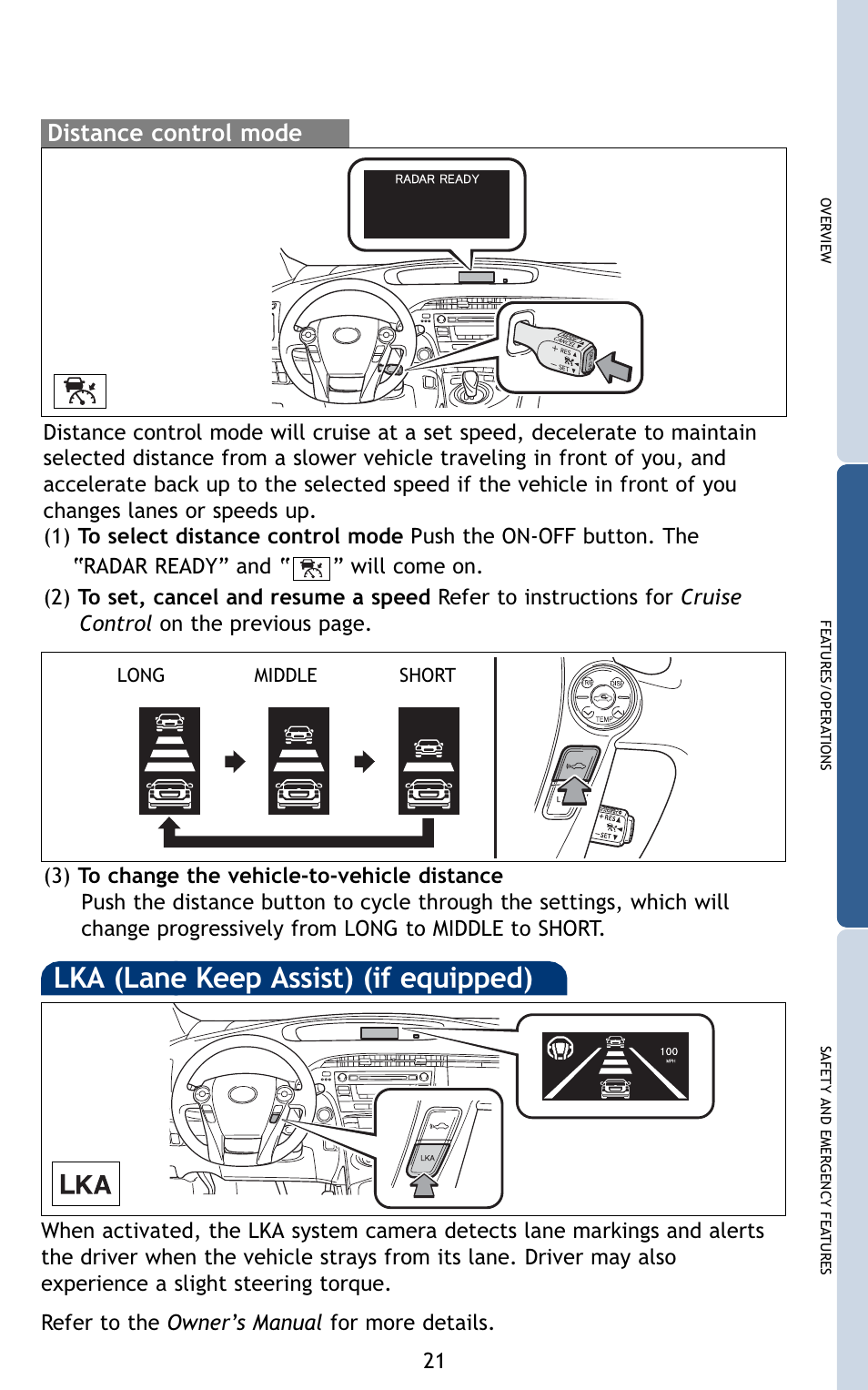 Lka (lane keep assist) (if equipped), Distance control mode | TOYOTA 2010 Prius User Manual | Page 23 / 635