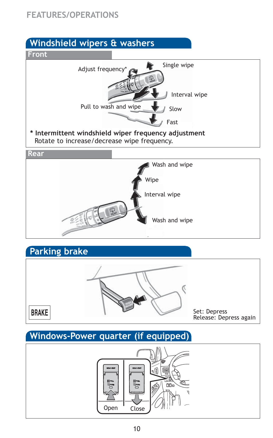 Windshield wipers & washers, Windows-power quarter (if equipped), Parking brake | Features/operations | TOYOTA 2010 Sienna User Manual | Page 12 / 613