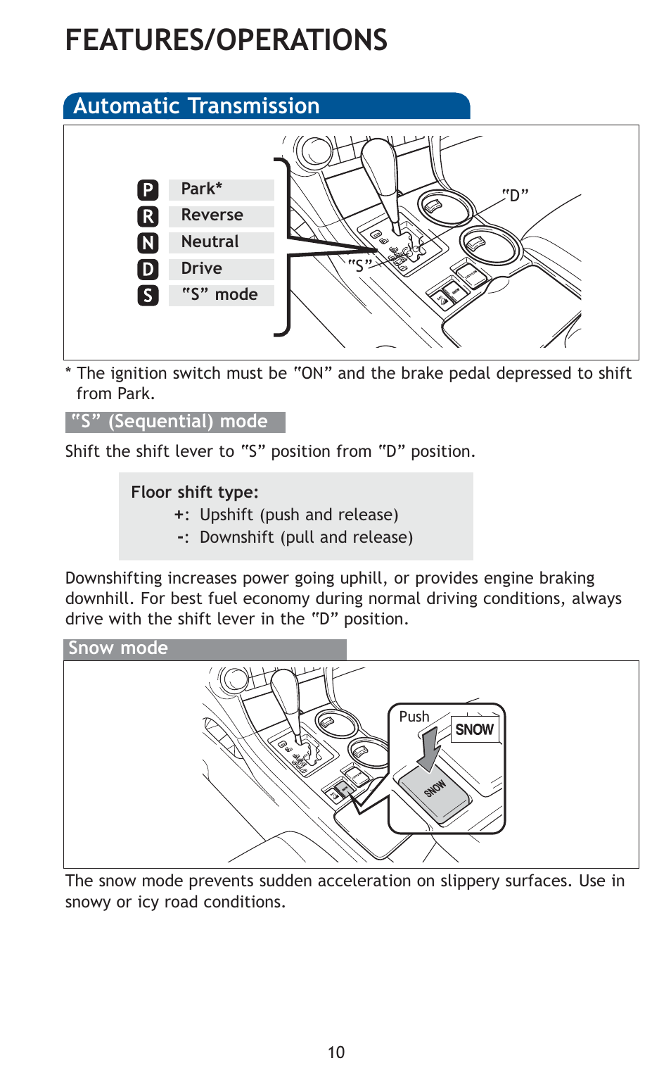 Features/operations, Automatic transmission | TOYOTA 2010 Highlander User Manual | Page 12 / 571