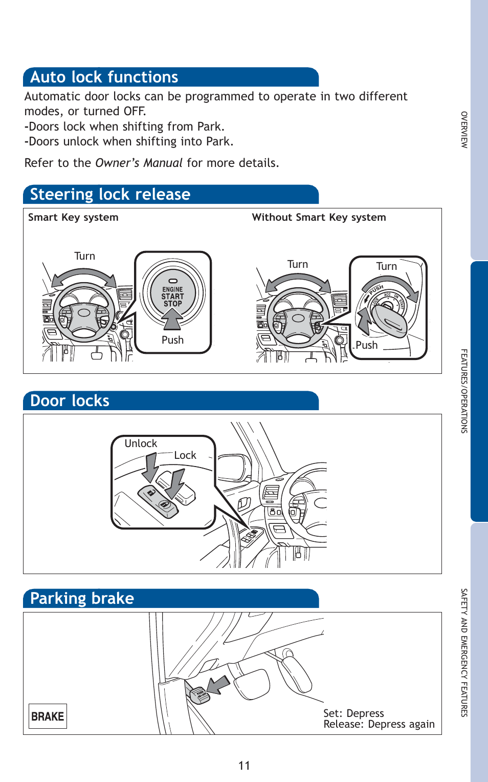 Steering lock release, Door locks, Auto lock functions | Parking brake | TOYOTA 2010 Highlander User Manual | Page 13 / 571