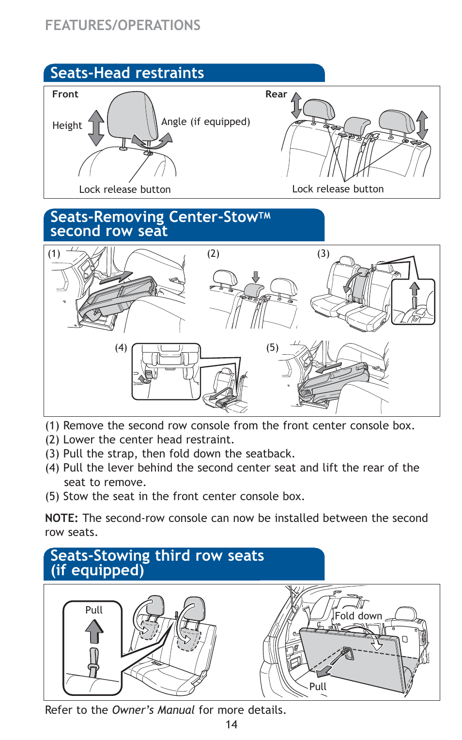 Seats-head restraints, Seats-stowing third row seats (if equipped), Seats-removing center-stow | Second row seat, Features/operations | TOYOTA 2010 Highlander User Manual | Page 16 / 571