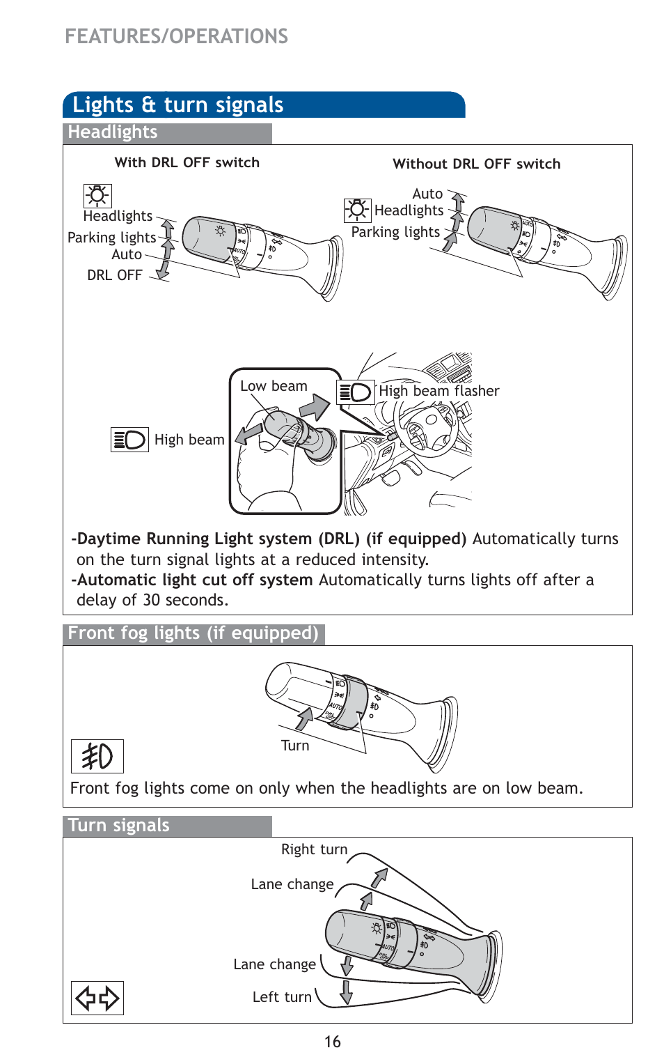 Lights & turn signals, Features/operations, Turn signals headlights | Front fog lights (if equipped) | TOYOTA 2010 Highlander User Manual | Page 18 / 571