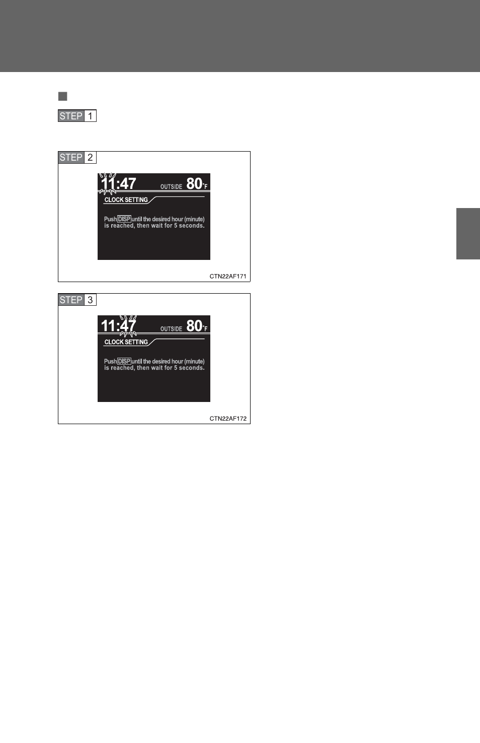 Press the “disp” button to adjust the minutes | TOYOTA 2010 Highlander User Manual | Page 180 / 571