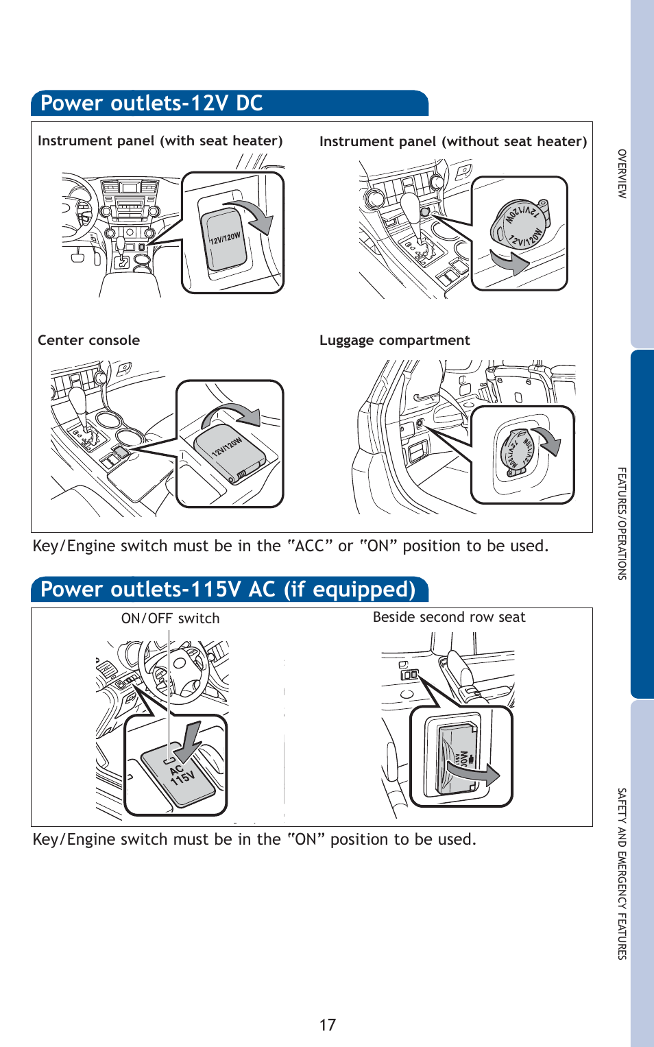 Power outlets-12v dc, Power outlets-115v ac (if equipped) | TOYOTA 2010 Highlander User Manual | Page 19 / 571