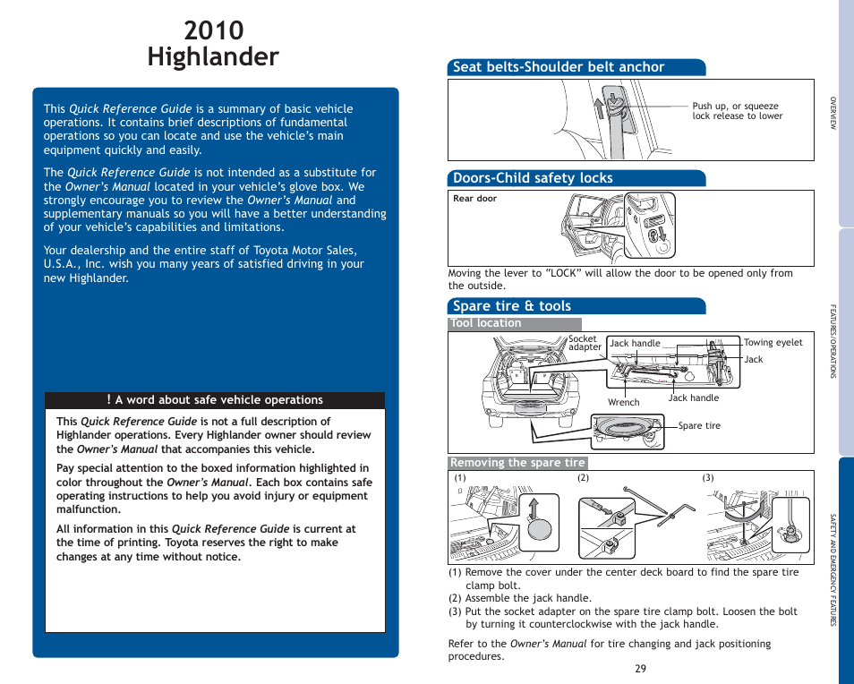 2010 highlander, Spare tire & tools, Doors-child safety locks | Seat belts-shoulder belt anchor | TOYOTA 2010 Highlander User Manual | Page 2 / 571