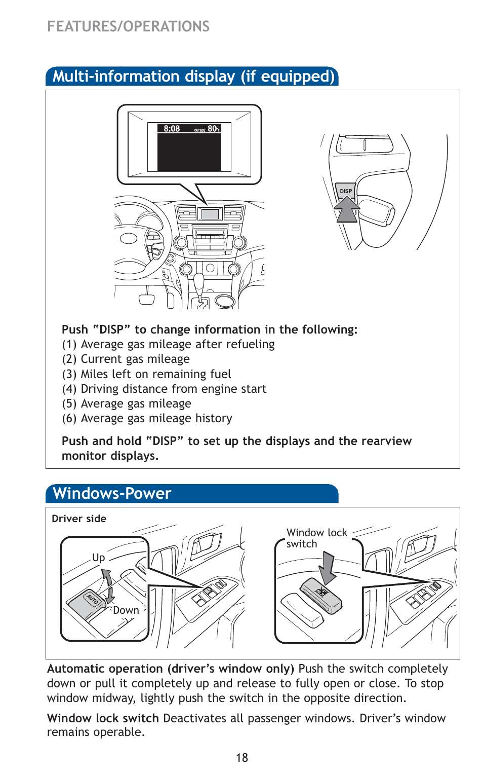 Multi-information display (if equipped), Windows-power, Features/operations | TOYOTA 2010 Highlander User Manual | Page 20 / 571