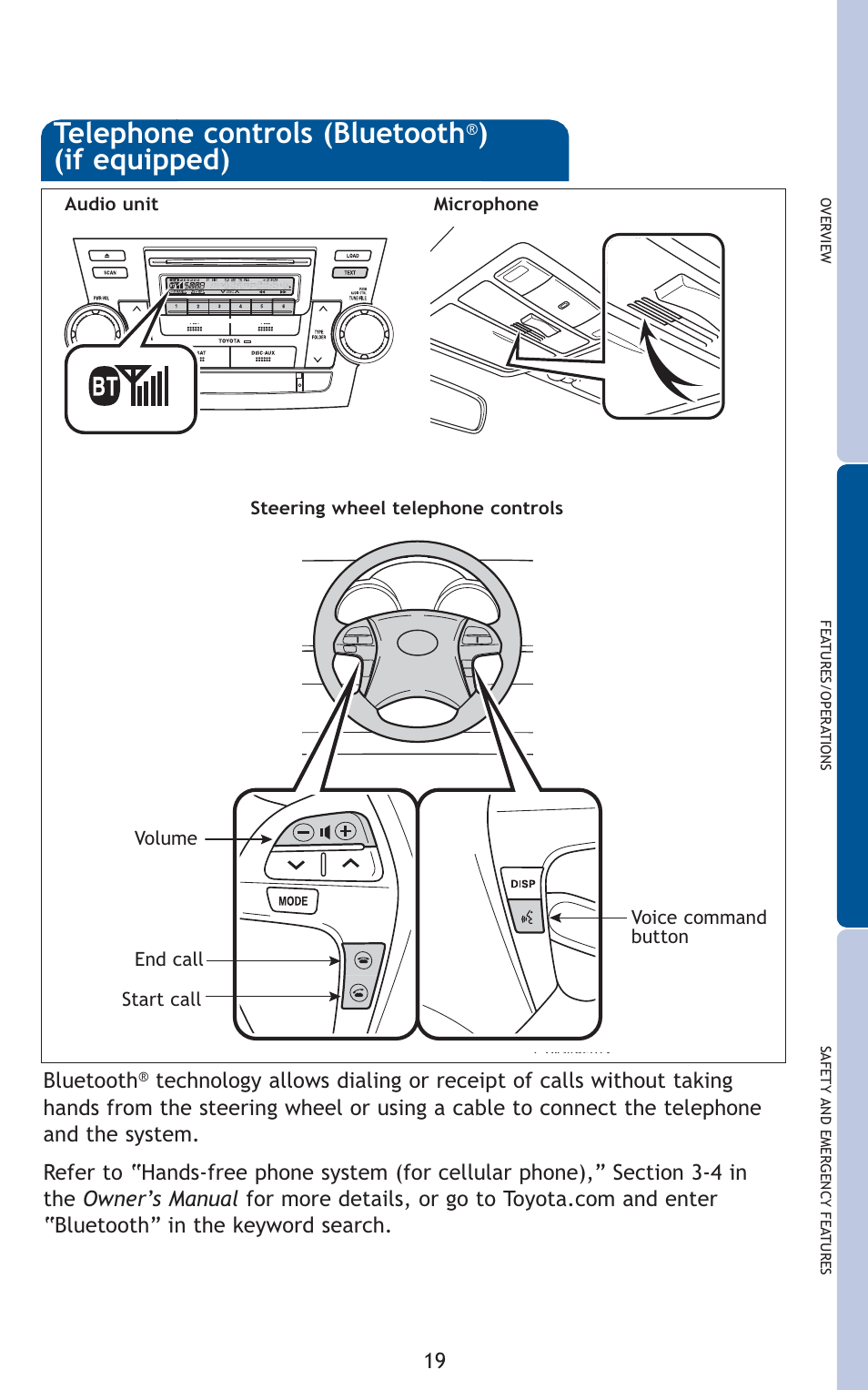 Telephone controls (bluetooth, If equipped) | TOYOTA 2010 Highlander User Manual | Page 21 / 571