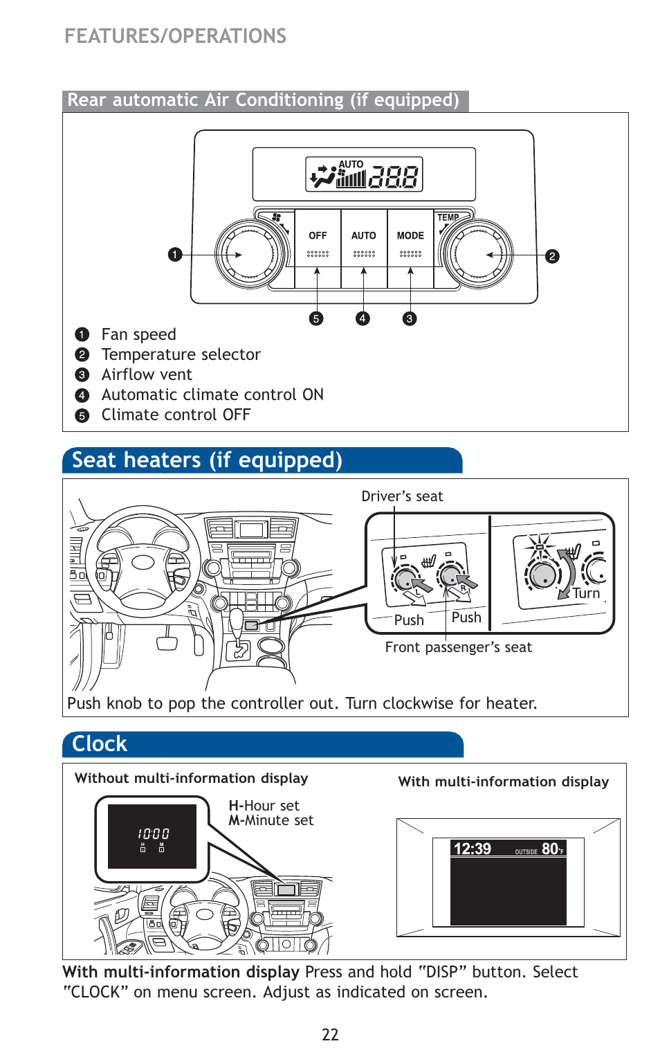 Seat heaters (if equipped), Clock, Features/operations | TOYOTA 2010 Highlander User Manual | Page 24 / 571