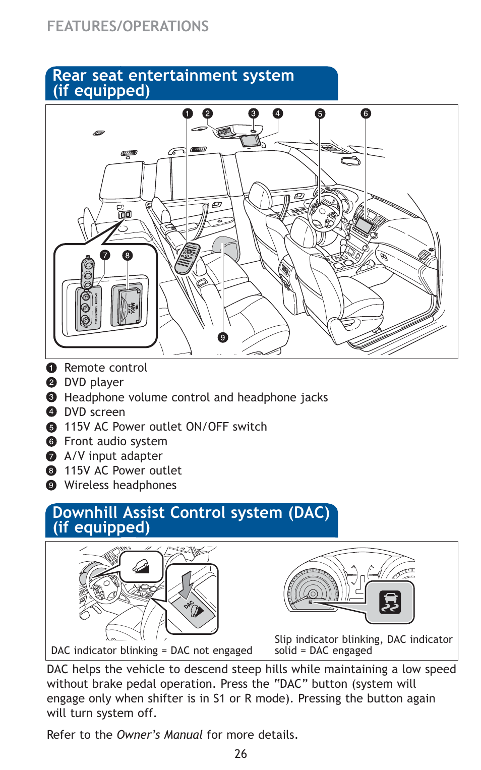 Rear seat entertainment system (if equipped), Downhill assist control system (dac) (if equipped) | TOYOTA 2010 Highlander User Manual | Page 28 / 571