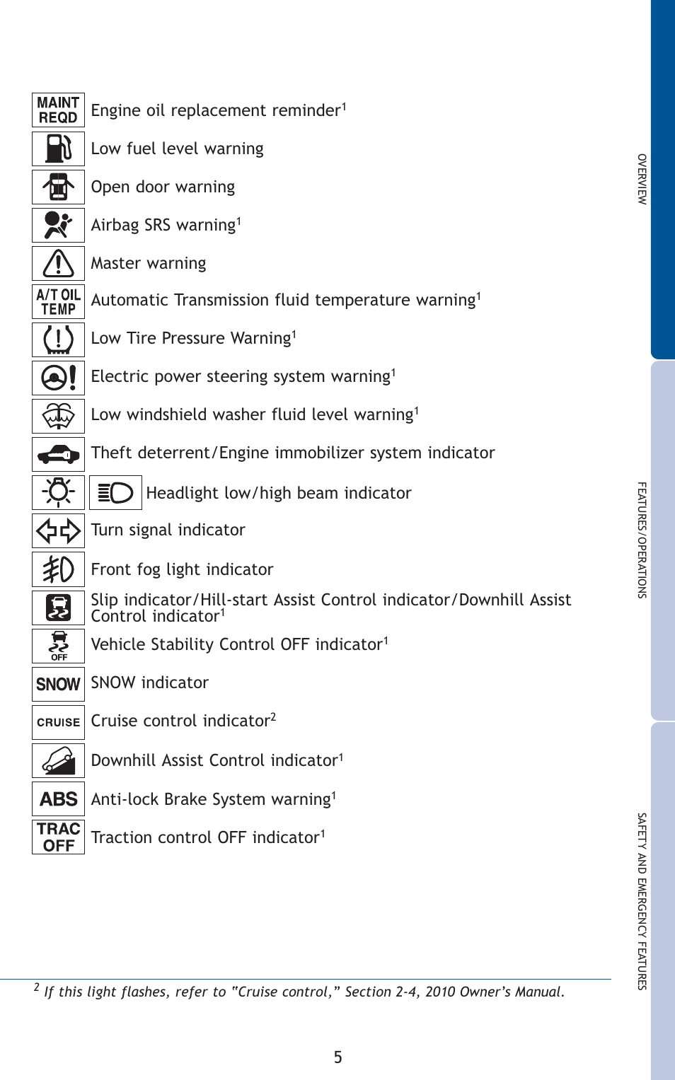 Anti-lock brake system warning, Snow indicator cruise control indicator, Automatic transmission fluid temperature warning | Low tire pressure warning, Engine oil replacement reminder, Traction control off indicator | TOYOTA 2010 Highlander User Manual | Page 7 / 571