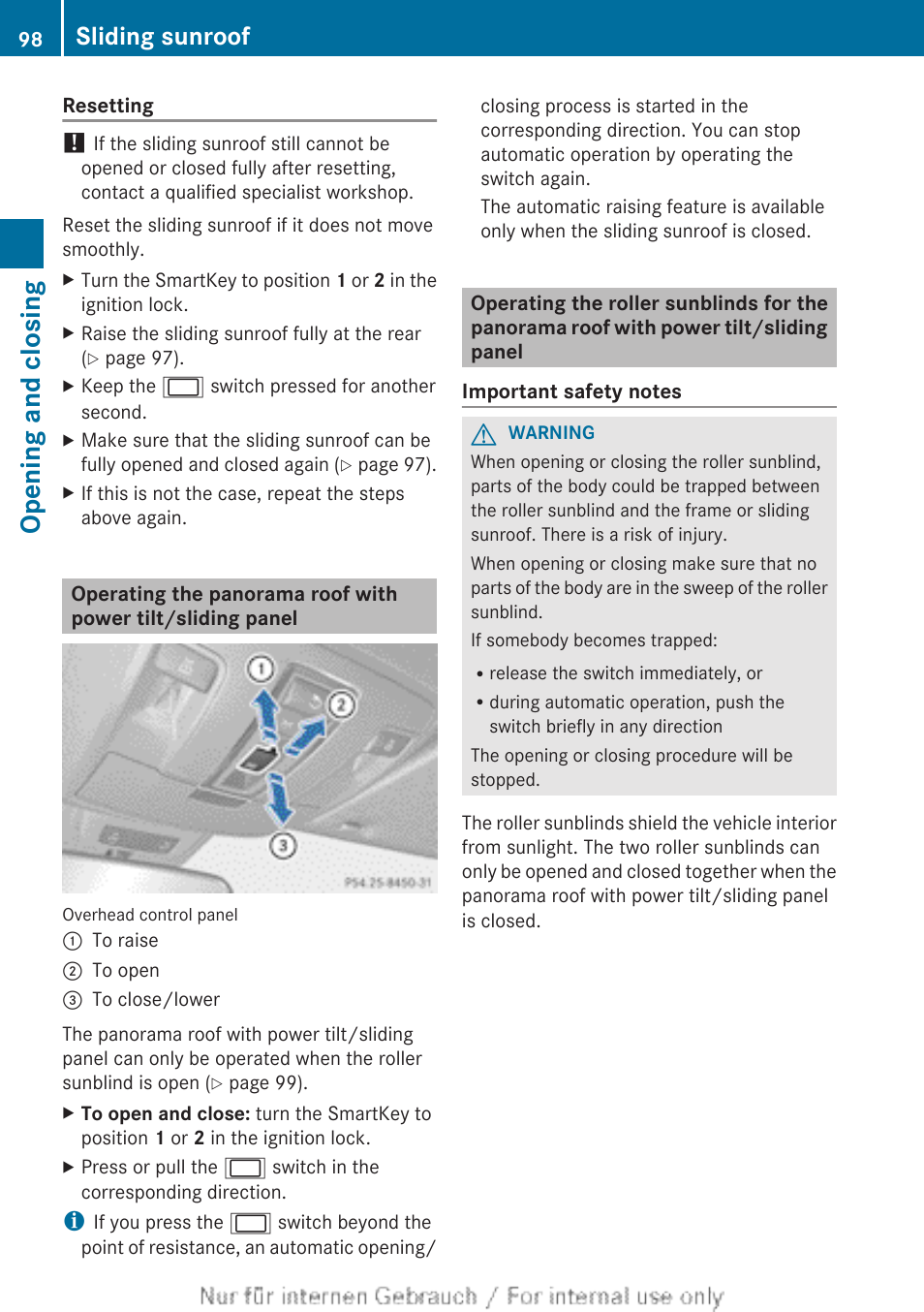 Opening and closing, Sliding sunroof | Mercedes-Benz 2013 M Class User Manual | Page 100 / 460