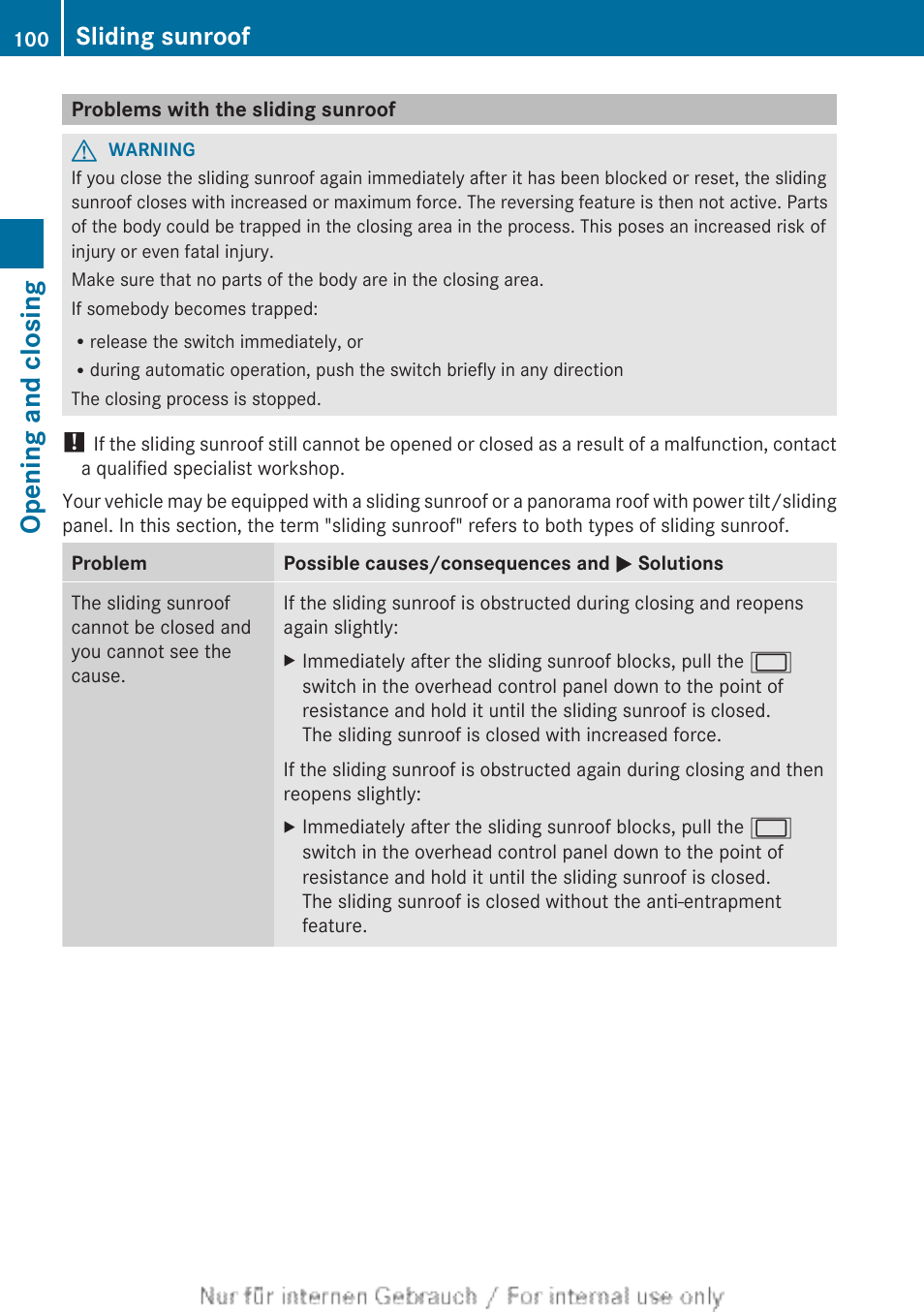 Problems with the sliding sunroof, Opening and closing, Sliding sunroof | Mercedes-Benz 2013 M Class User Manual | Page 102 / 460