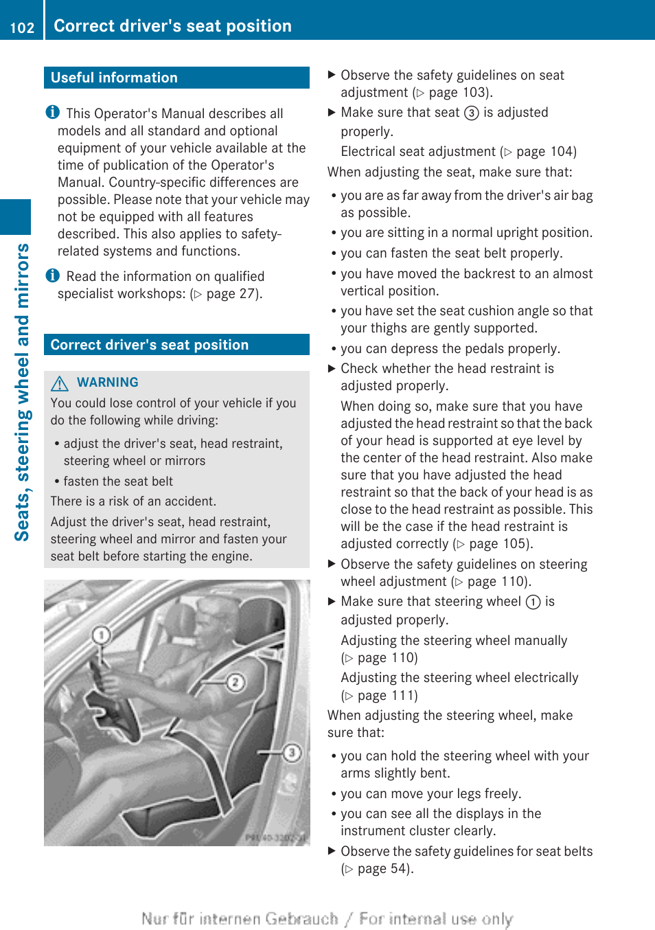 Seats, steering wheel and mirrors, Useful information, Correct driver's seat position | An almost vertical position, Useful information correct driver's seat position | Mercedes-Benz 2013 M Class User Manual | Page 104 / 460