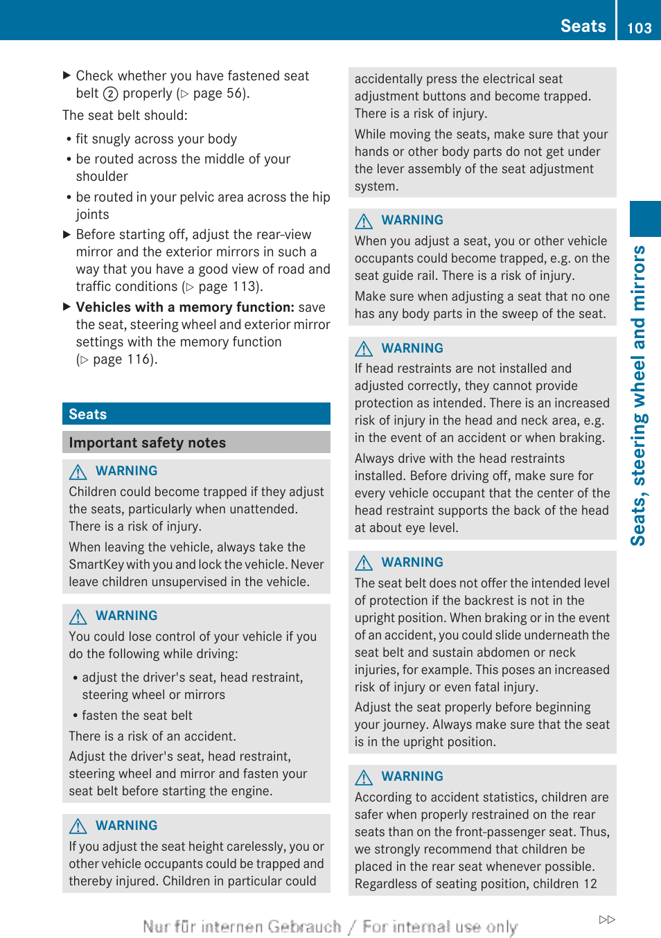 Seats, Important safety notes, Adjustment | Seats, steering wheel and mirrors | Mercedes-Benz 2013 M Class User Manual | Page 105 / 460