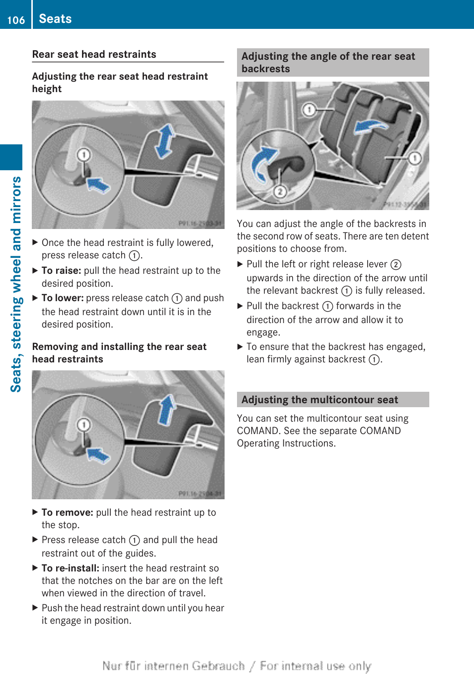 Adjusting the angle of the rear seat backrests, Adjusting the multicontour seat, Can be removed | Seats, steering wheel and mirrors, Seats | Mercedes-Benz 2013 M Class User Manual | Page 108 / 460