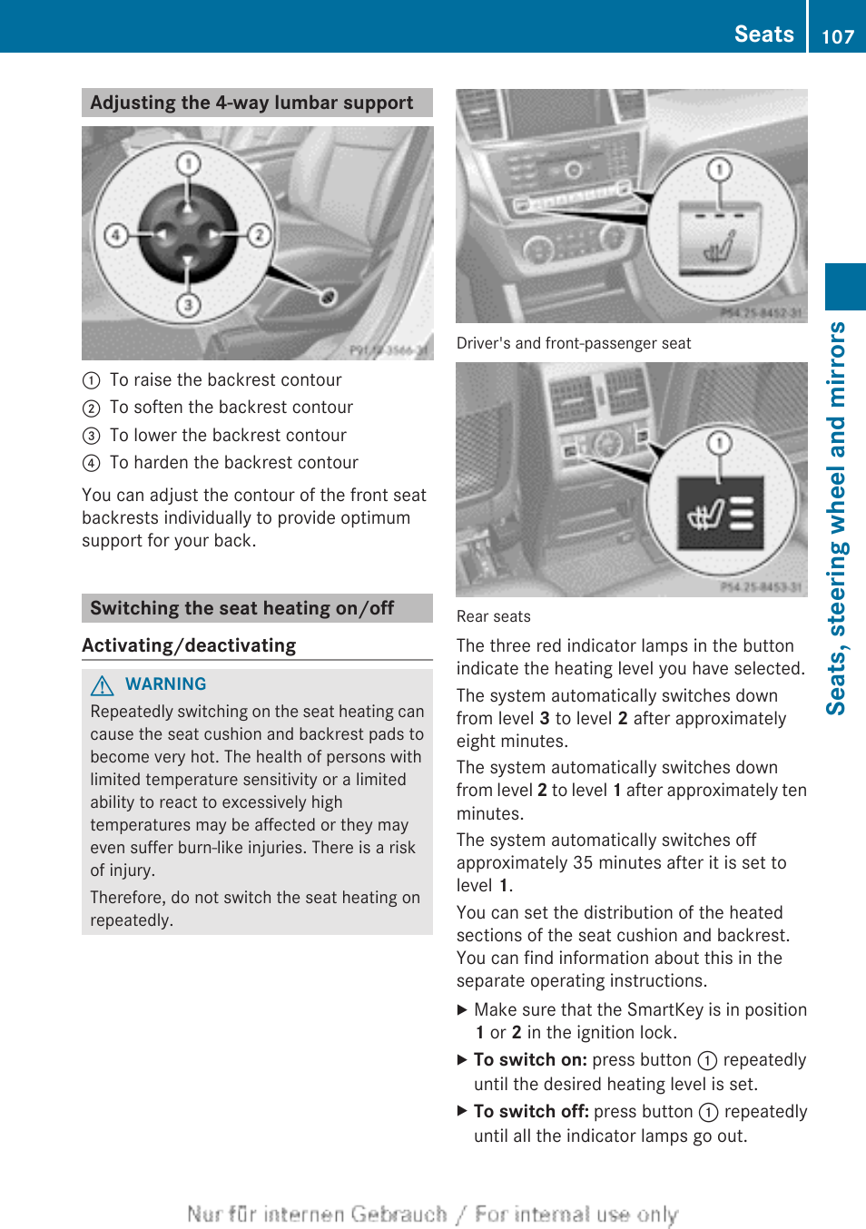 Adjusting the 4-way lumbar support, Switching the seat heating on/off, Seats, steering wheel and mirrors | Seats | Mercedes-Benz 2013 M Class User Manual | Page 109 / 460