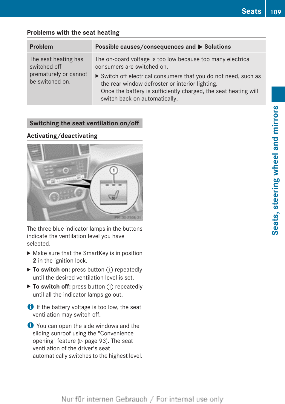 Switching the seat ventilation on/off, Seats, steering wheel and mirrors, Seats | Mercedes-Benz 2013 M Class User Manual | Page 111 / 460