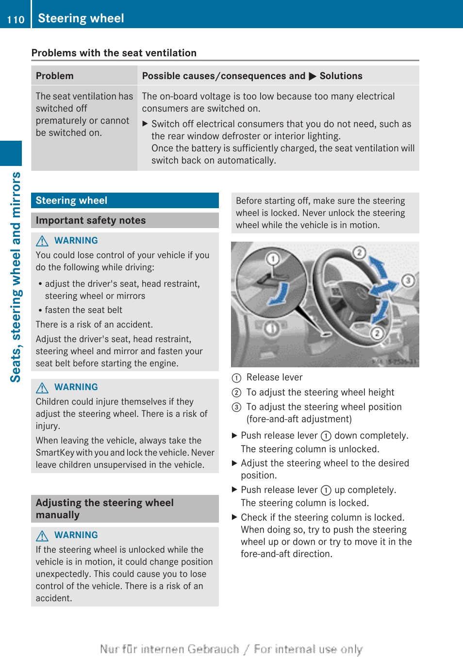 Steering wheel, Important safety notes, Adjusting the steering wheel manually | Wheel adjustment, Seats, steering wheel and mirrors | Mercedes-Benz 2013 M Class User Manual | Page 112 / 460