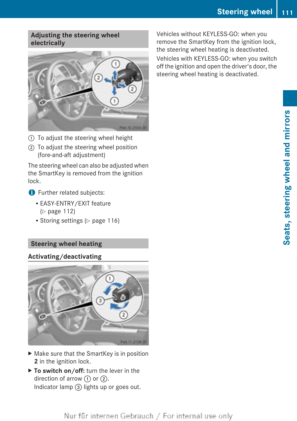 Adjusting the steering wheel electrically, Steering wheel heating, Seats, steering wheel and mirrors | Steering wheel | Mercedes-Benz 2013 M Class User Manual | Page 113 / 460