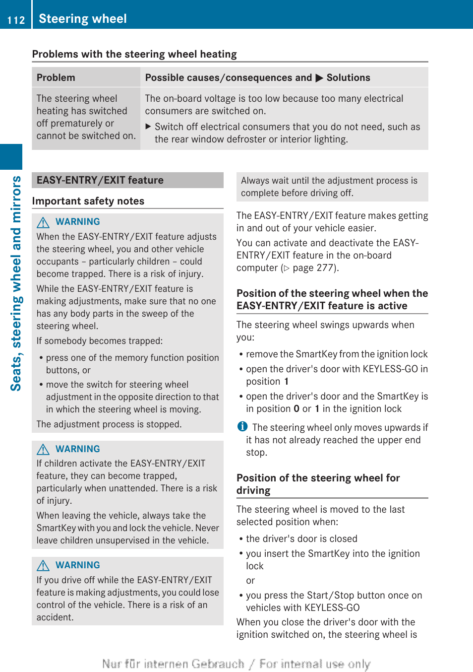 Easy-entry/exit feature, Seats, steering wheel and mirrors, Steering wheel | Mercedes-Benz 2013 M Class User Manual | Page 114 / 460